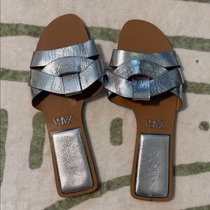 ZARA Iridescent Silver Braided-Style Slide Sandals